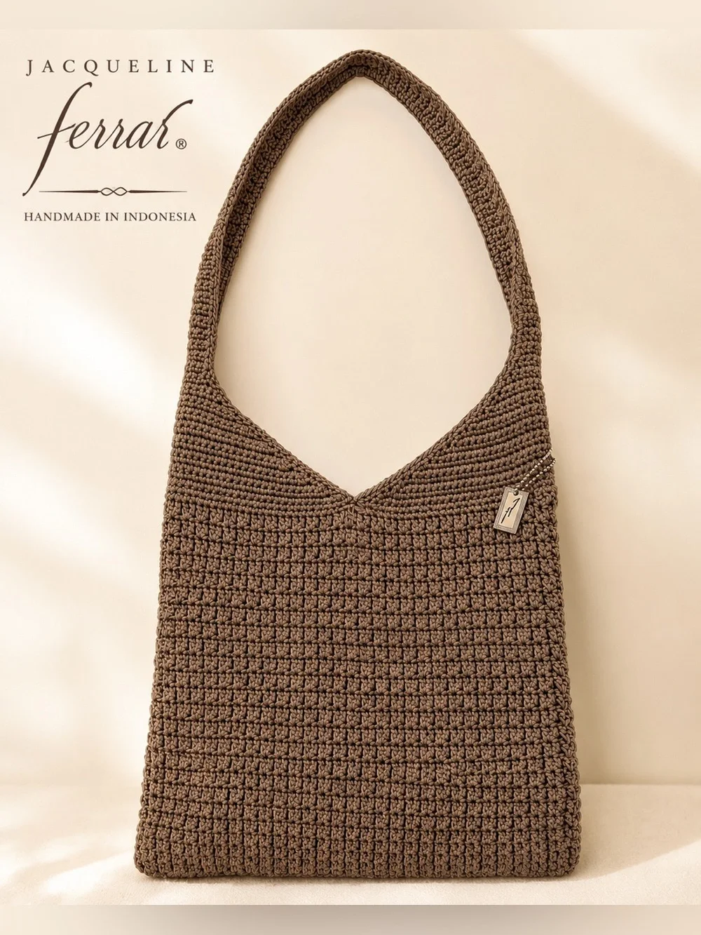 Jacqueline Ferrar Handmade Crochet Hobo Bag Brown Knit Shoulder Purse Boho